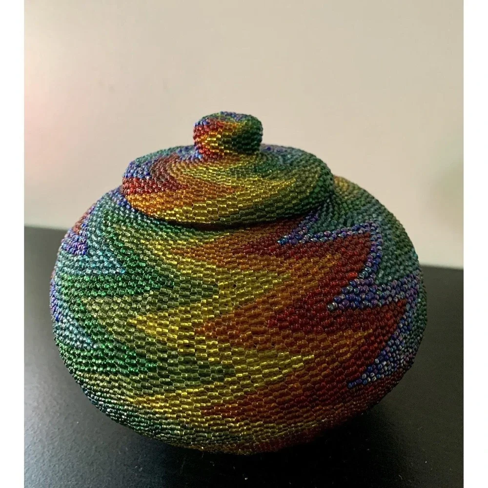 Antique Vtg Hand Woven Multicolor Beaded Rattan Basket Decorative Collectible